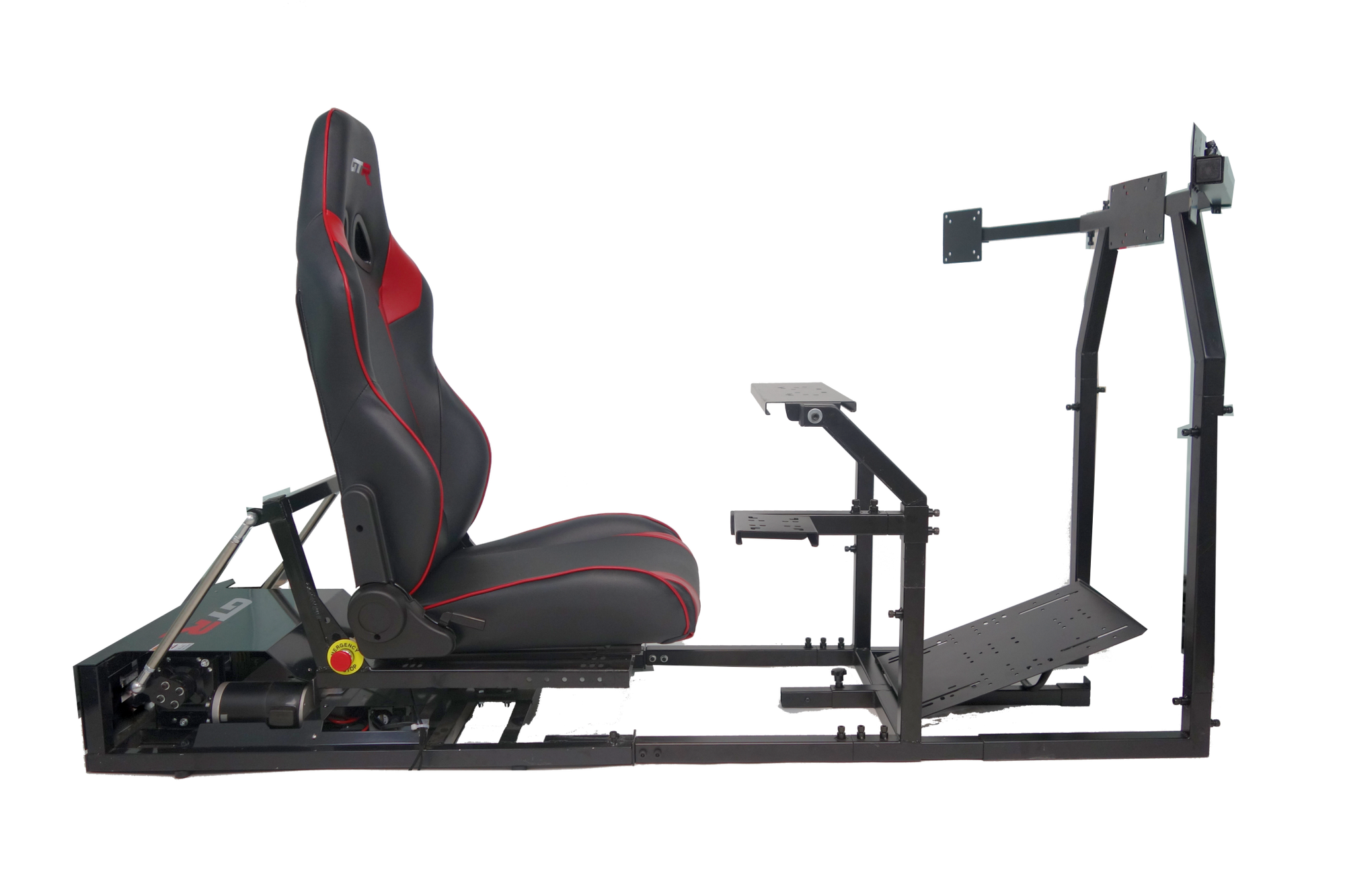 GTM Simulator Black Frame, Black/Red Seat, and Triple Monitor Stand